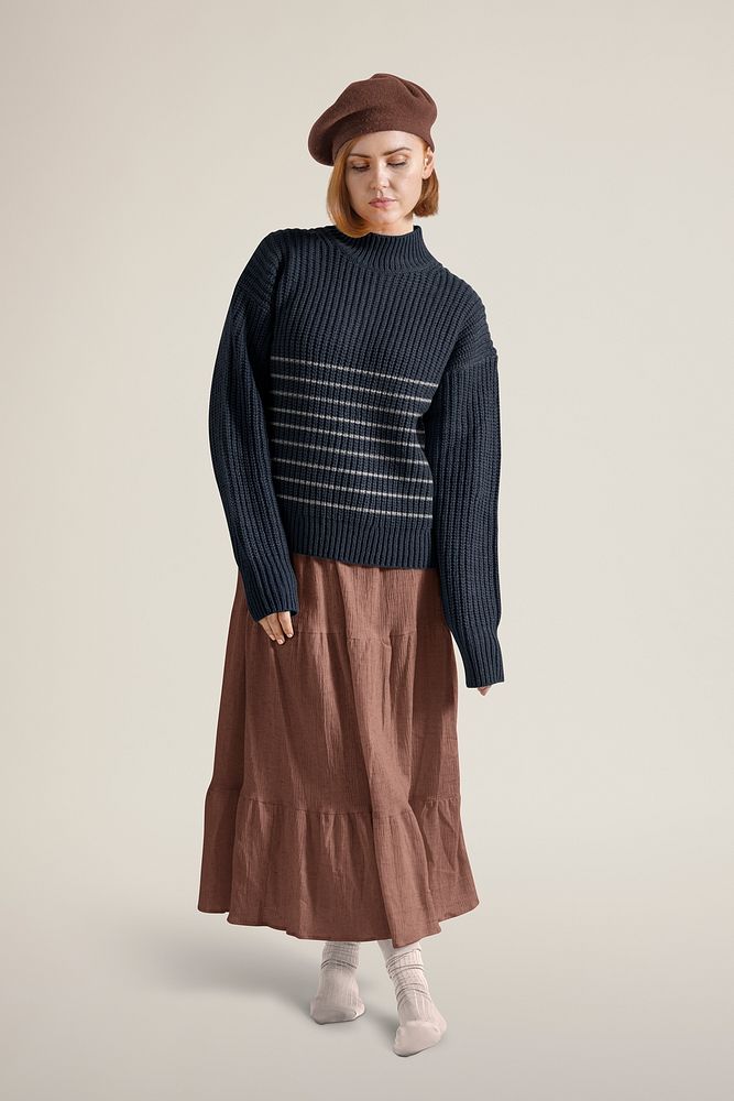Woman in autumn outfits, navy blue jumper and brown dress