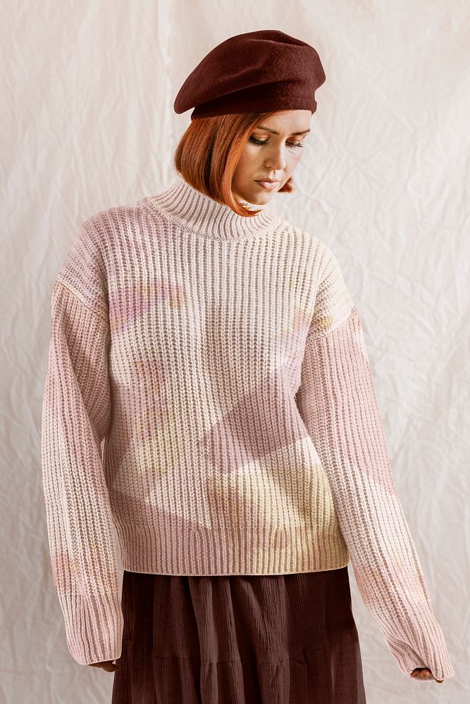 Woman in light pink sweater, autumn apparel fashion design