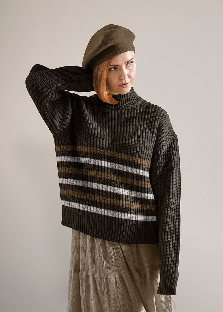 Woman wearing striped brown sweater, autumn apparel fashion design