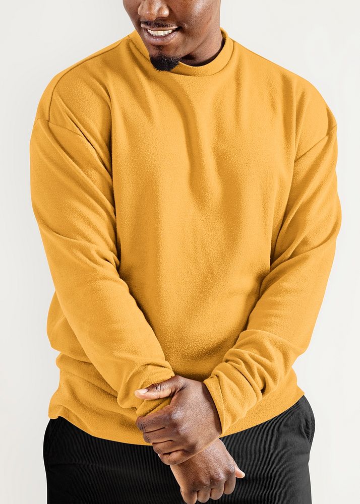 Man wearing mustard yellow long sleeve, autumn apparel fashion design