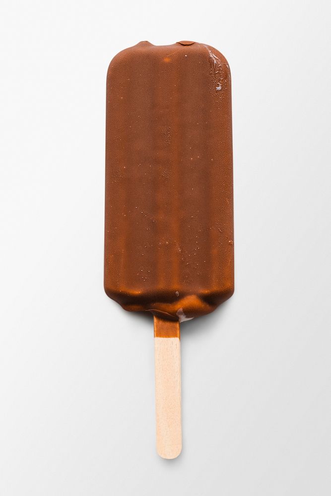 Chocolate glazed ice cream on white background, food photography