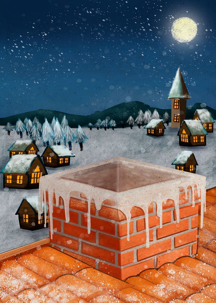 Winter night background, hand drawn snowy chimney