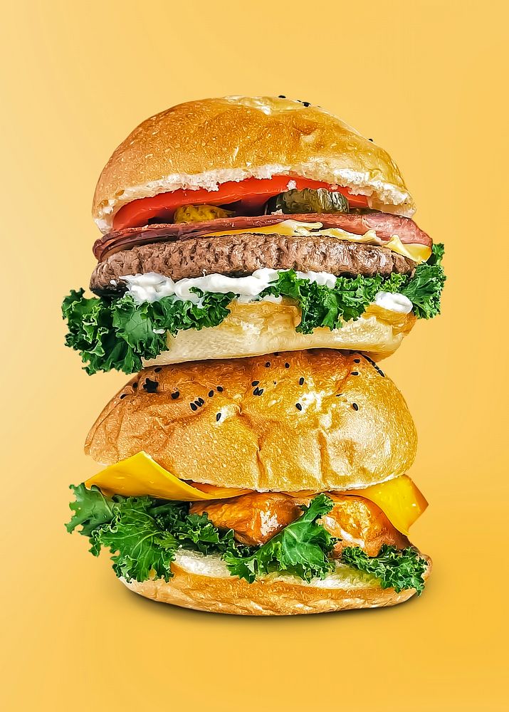 Hamburger on orange background, food photography
