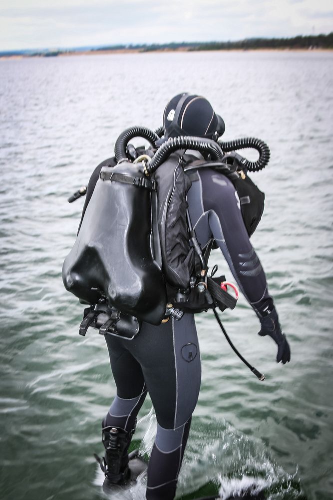 BALTIC SEA, Denmark (June 11, 2018) A Royal Norwegian Navy explosive ordnance disposal com-mando begins a shallow water mine…