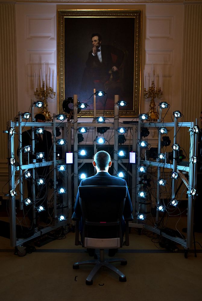 "The President sits for a 3D portrait being produced by the Smithsonian Institution. There were so many cameras and strobe…