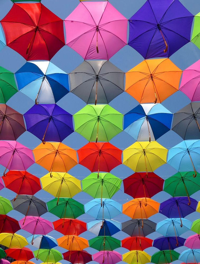 Colorful umbrellas in sky. Free public domain CC0 photo.