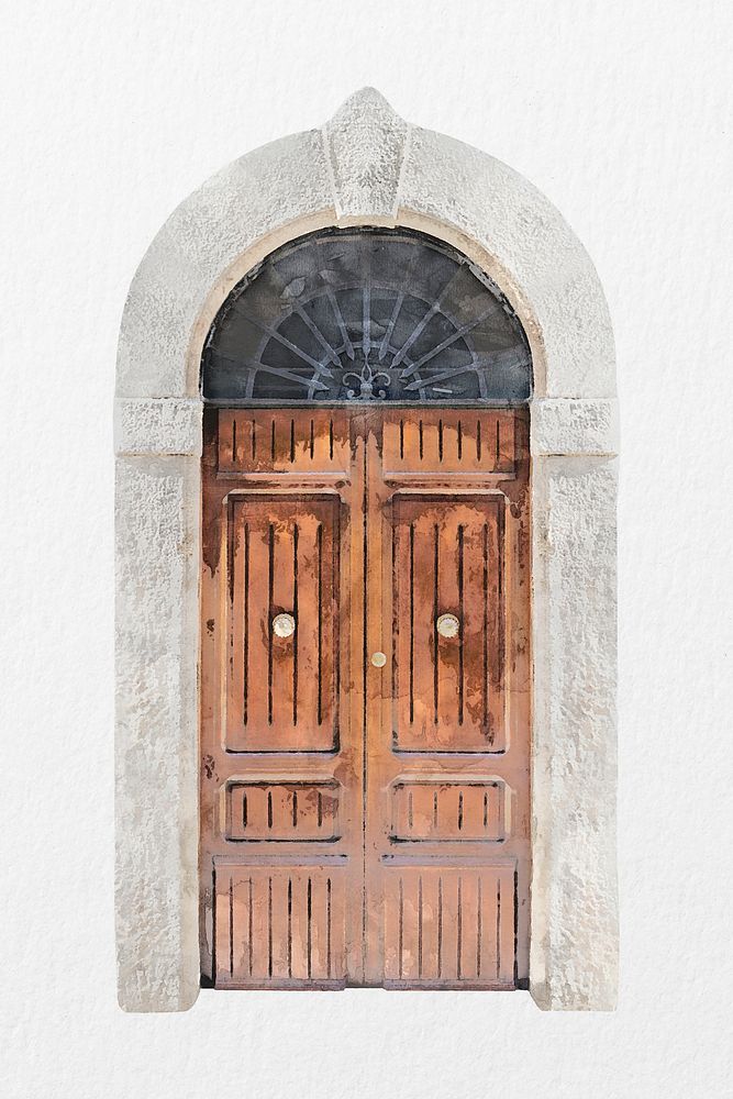 Wooden door clipart, watercolor barrel vault entrance psd