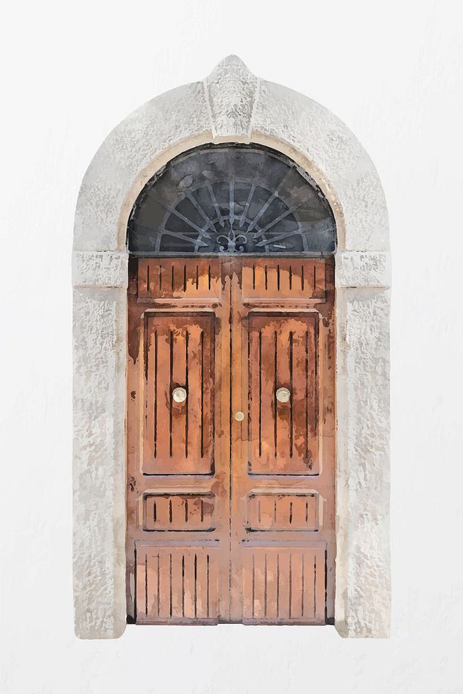 Wooden door clipart, watercolor barrel vault entrance vector