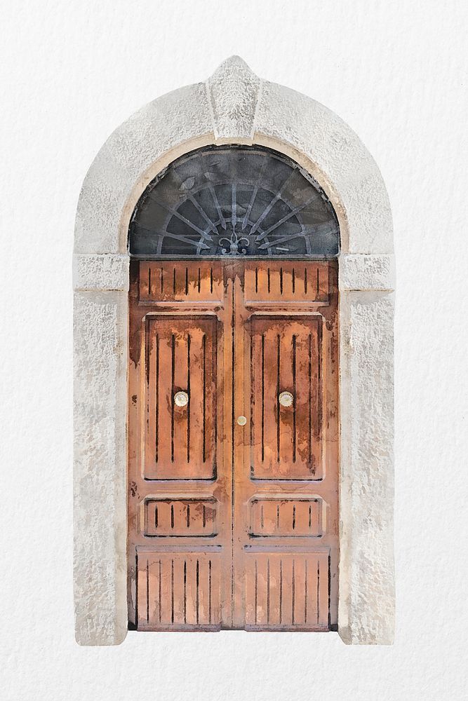 Wooden door clipart, watercolor barrel vault entrance