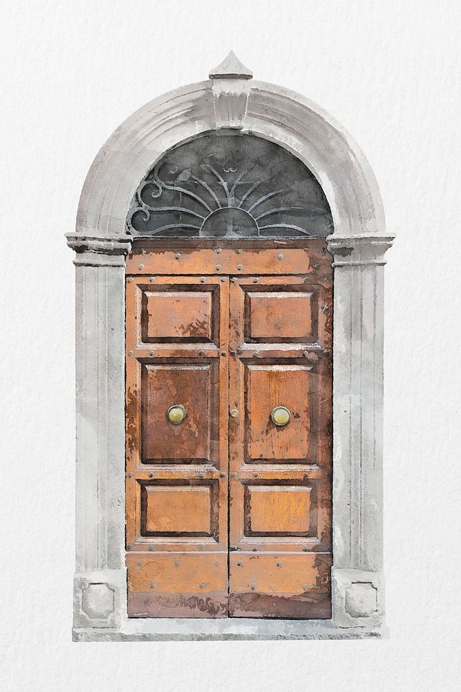 Panel door clipart, watercolor barrel vault entrance psd