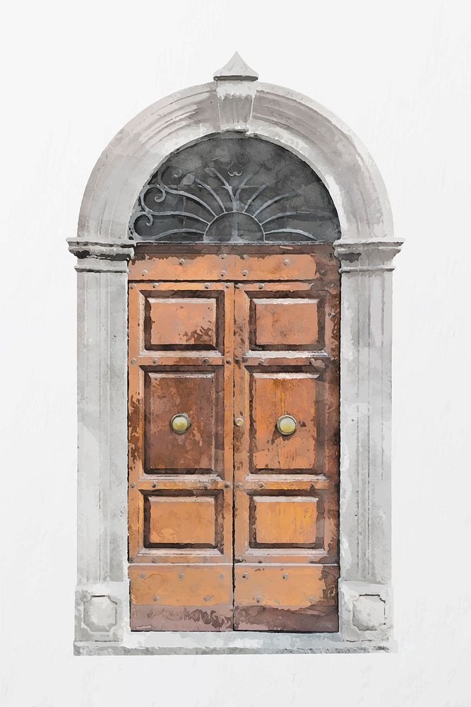 Panel door clipart, watercolor barrel vault entrance vector
