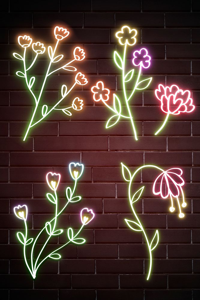 Glowing neon flower element psd set