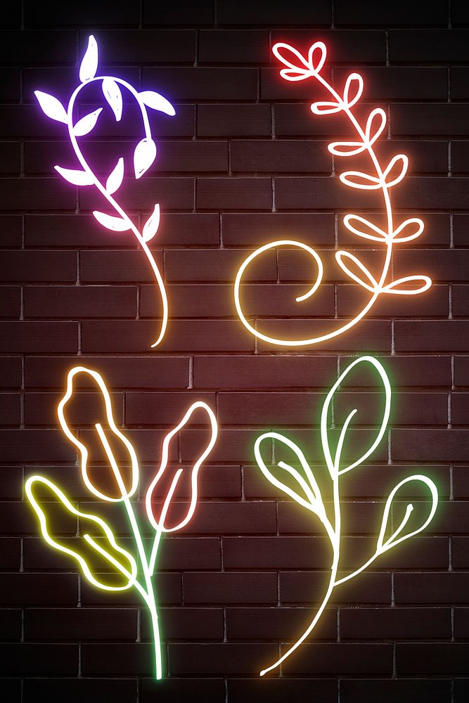 Blooming leaves neon sign doodle hand drawn collection