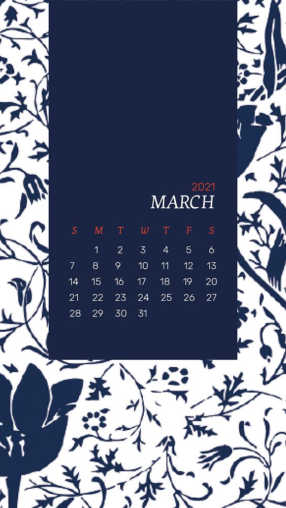 Calendar 2021 March editable template psd with William Morris floral patterns