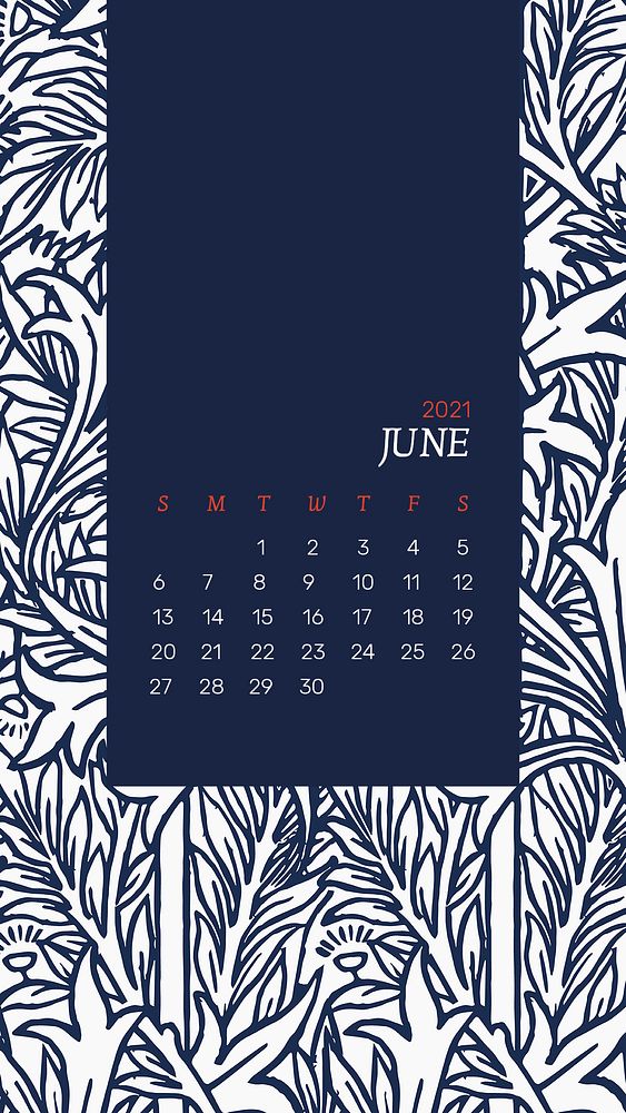 Calendar 2021 June editable template psd with William Morris floral patterns