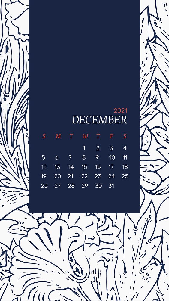 Calendar 2021 December editable template psd with William Morris floral patterns