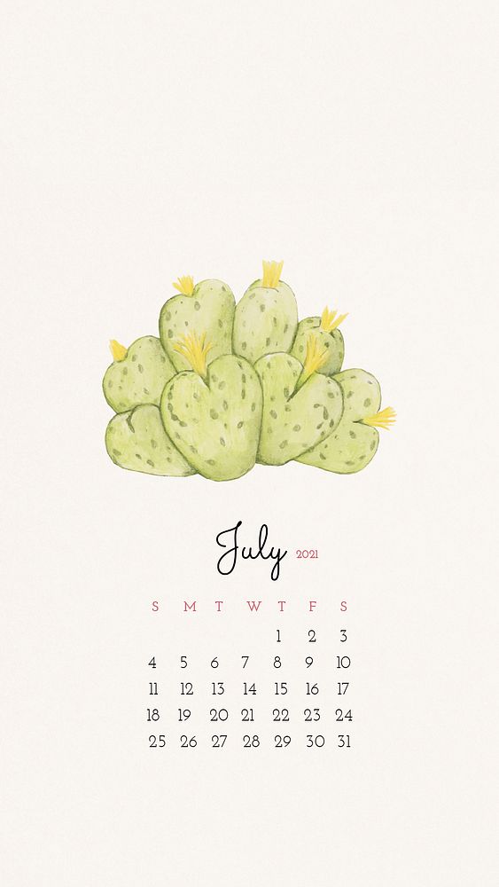 Calendar 2021 July editable template phone wallpaper psd with cute hand drawn cactus