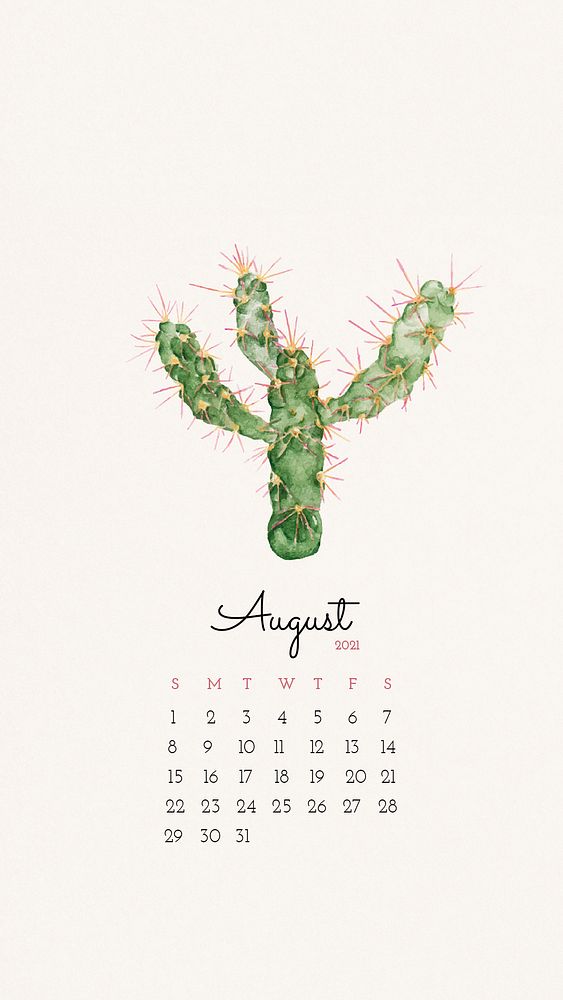 Calendar 2021 August editable template phone wallpaper psd with cute hand drawn cactus 
