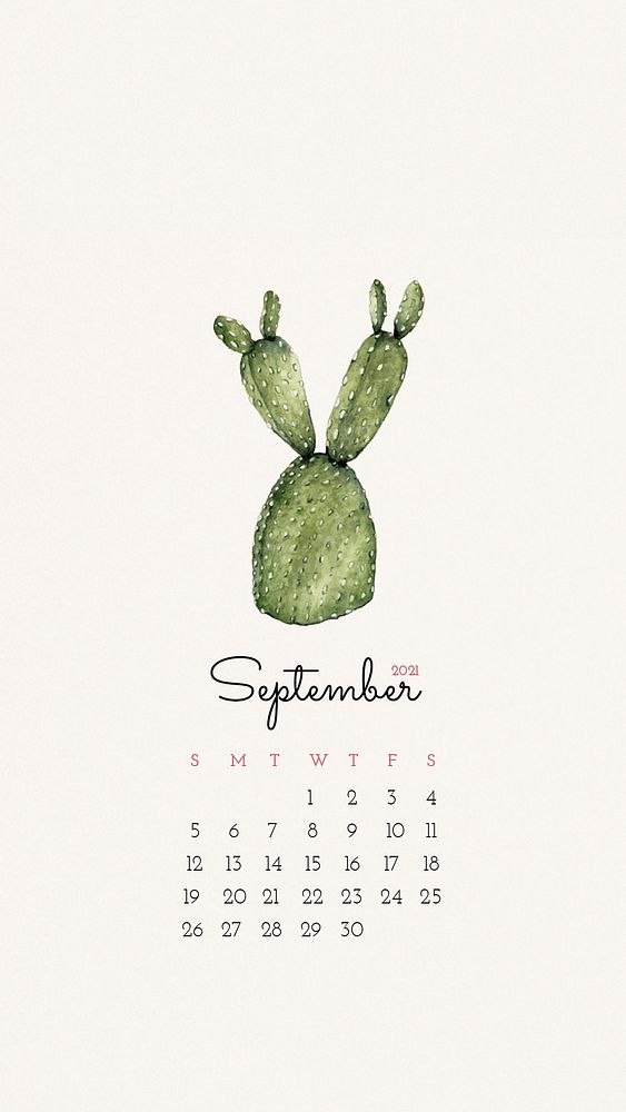 Calendar 2021 September editable template phone wallpaper psd with cute hand drawn cactus 
