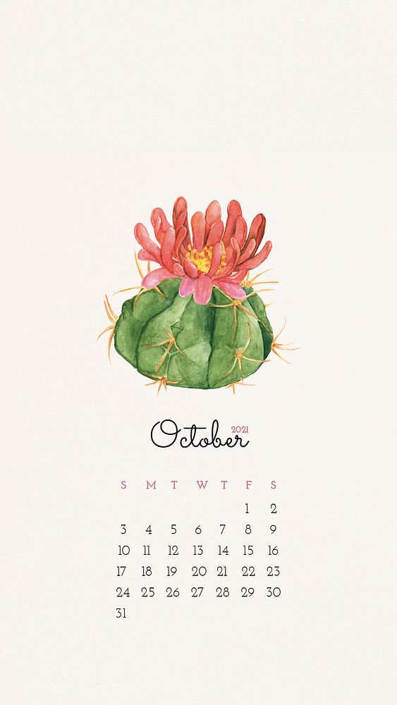 Calendar 2021 October editable template phone wallpaper psd with cute hand drawn cactus