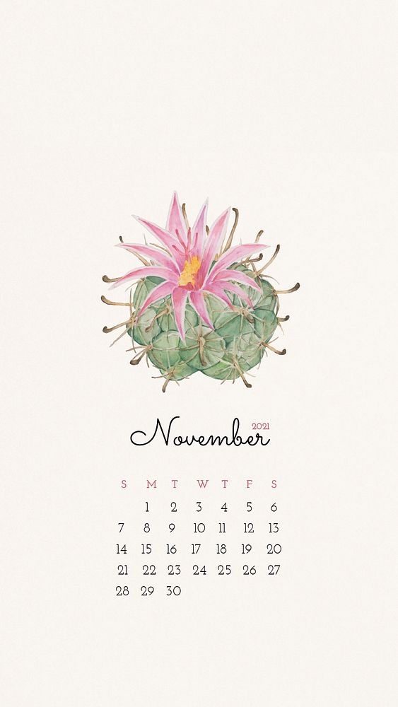 Calendar 2021 November editable template phone wallpaper psd with cute hand drawn cactus