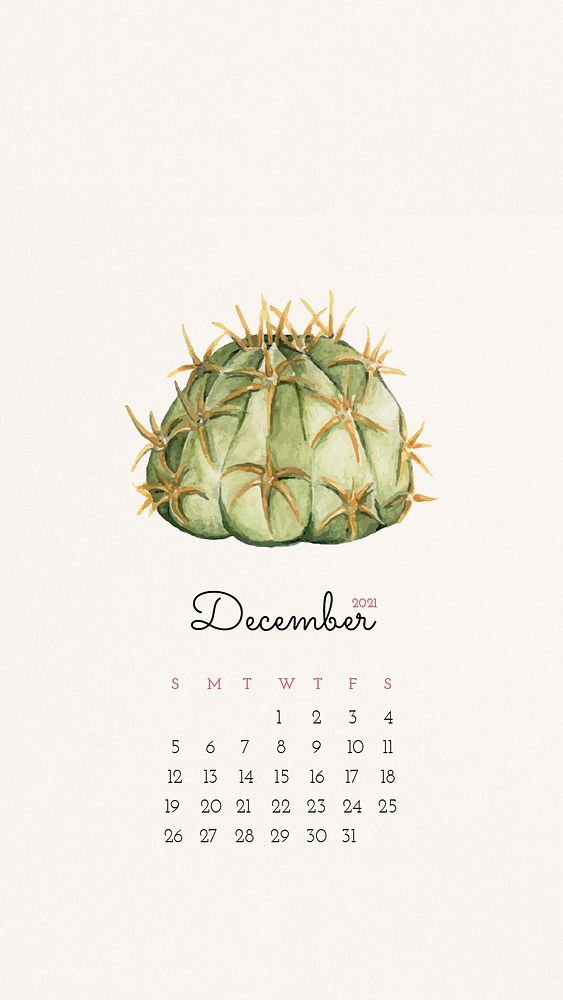 Calendar 2021 December editable template phone wallpaper psd with cute hand drawn cactus