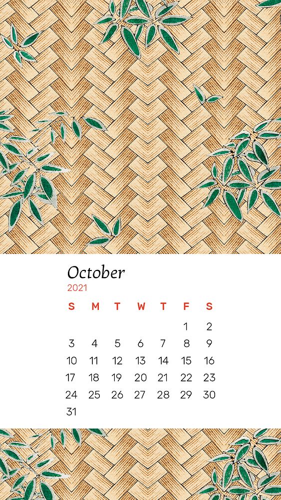 Calendar October 2021 printable psd with Japanese bamboo weave and leaf remix artwork by Watanabe Seitei