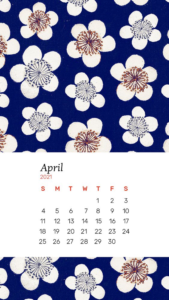 Calendar April 2021 printable psd with Japanese plum blossom remix artwork by Watanabe Seitei