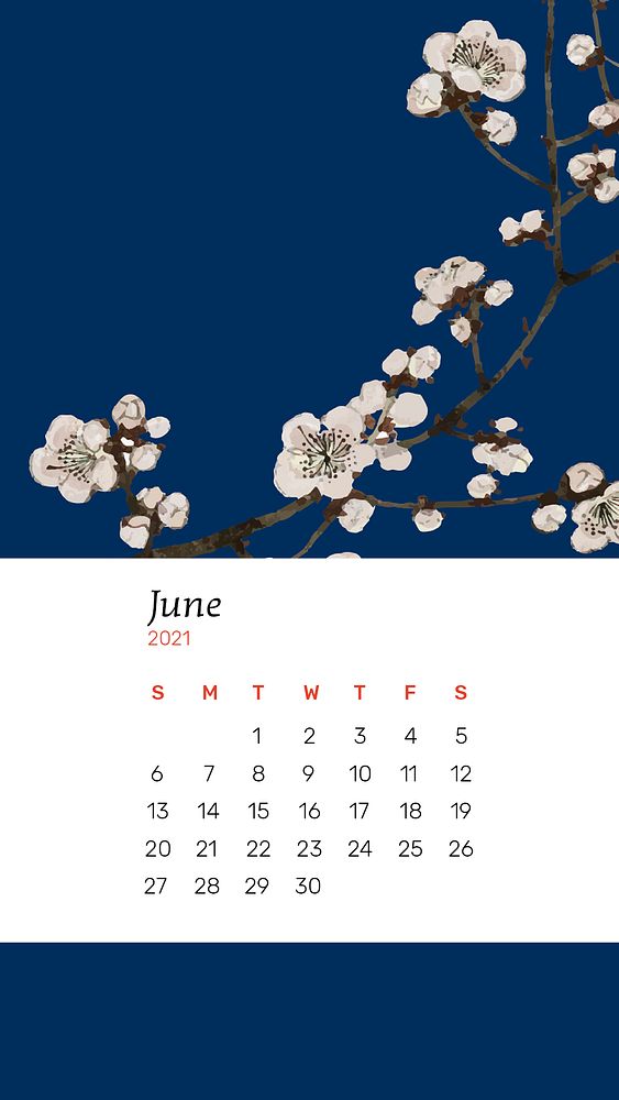 Calendar June 2021 printable psd with Japanese plum blossom artwork remix from original print by Watanabe Seitei