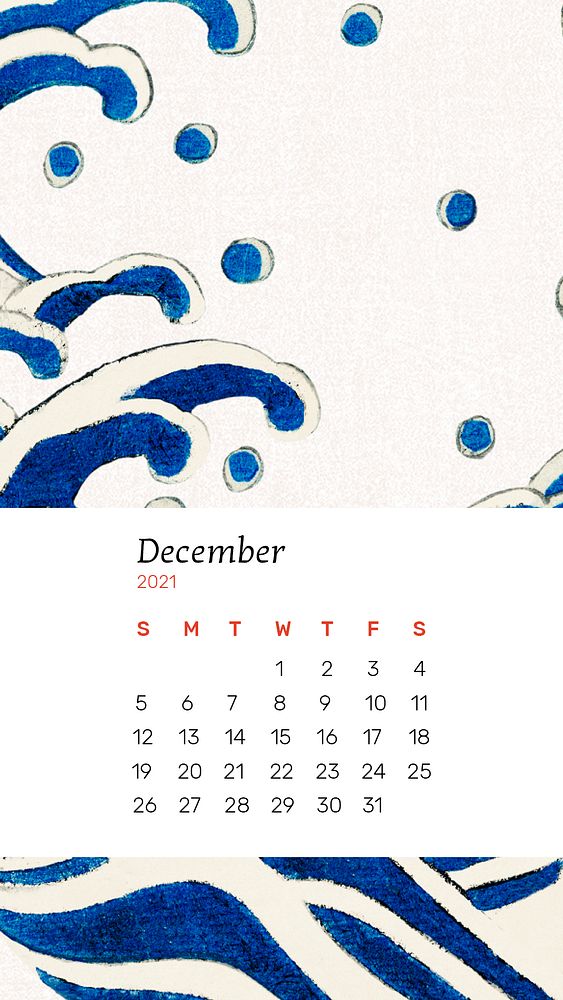 Calendar December 2021 printable psd with Japanese wave remix artwork by Watanabe Seitei