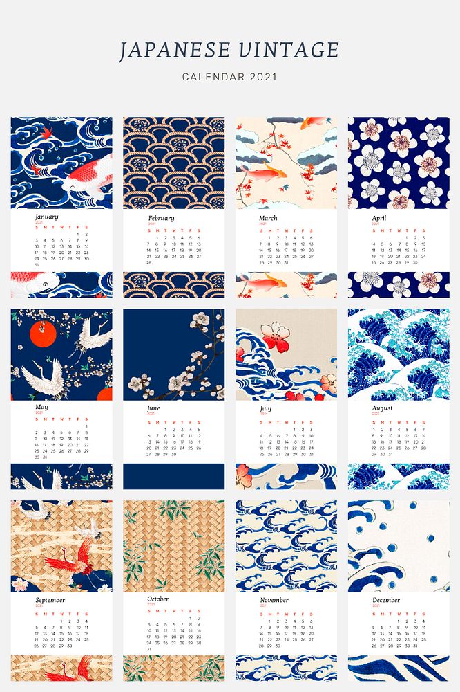 Calendar 2021 yearly printable psd with Japanese vintage artwork remix from original print by Watanabe Seitei