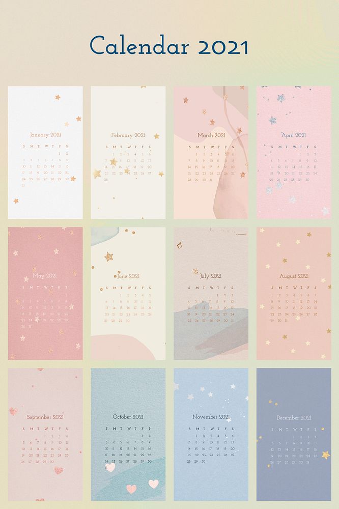 Calendar 2021 editable template psd with abstract watercolor background collection