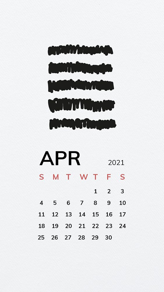 Calendar 2021 April printable template phone wallpaper psd with black line pattern 