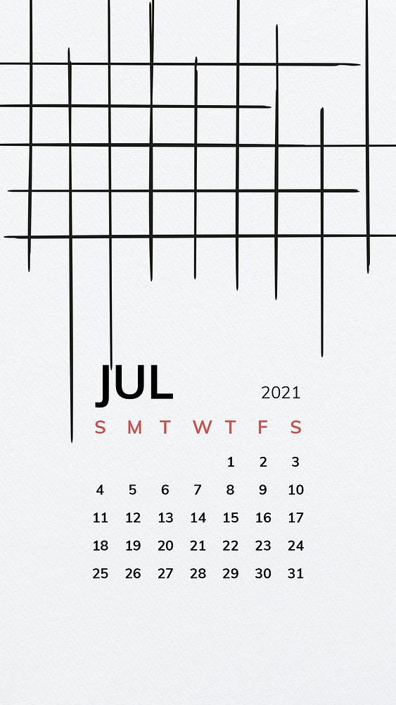 Calendar 2021 July printable template phone wallpaper psd with black line pattern
