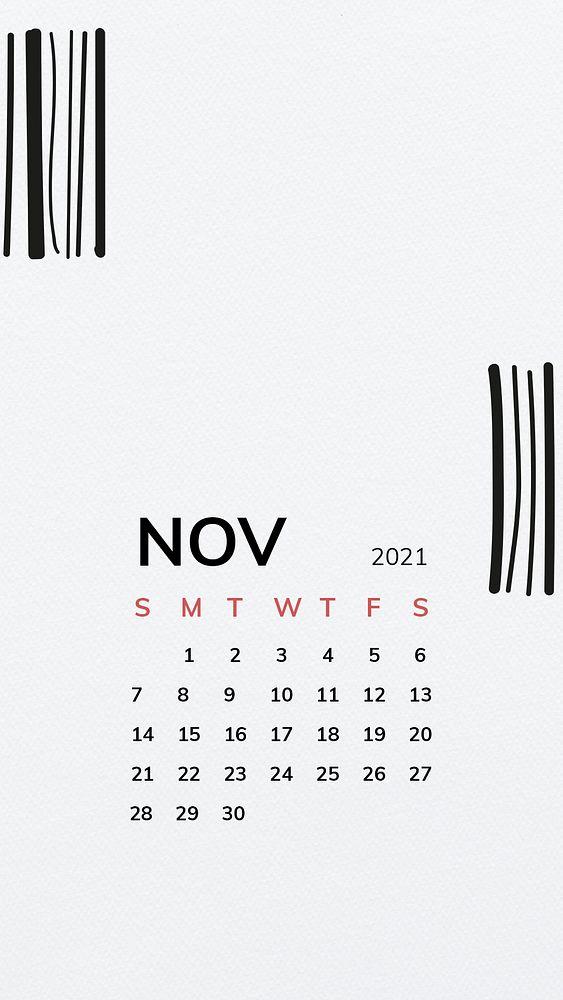 Calendar 2021 November printable template phone wallpaper psd with black line pattern 