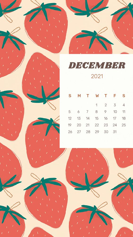 Calendar 2021 December editable template psd with cute strawberry background
