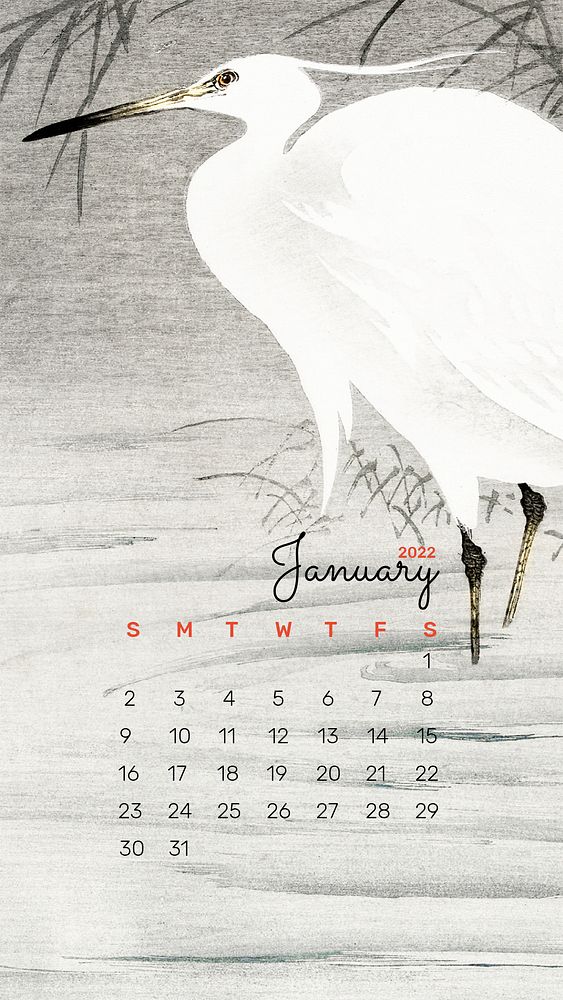 Heron January 2022 calendar template, phone wallpaper, monthly planner psd. Remix from vintage artwork by Ohara Koson