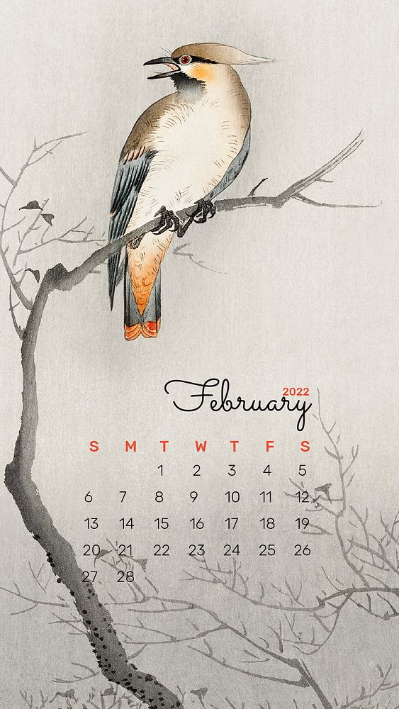 Bird February 2022 calendar template, monthly planner, mobile wallpaper psd. Remix from vintage artwork by Ohara Koson