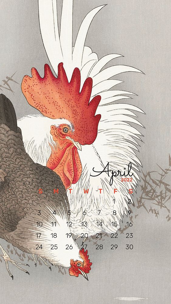 Rooster 2022 April calendar template, editable monthly planner phone wallpaper psd. Remix from vintage artwork by Ohara Koson