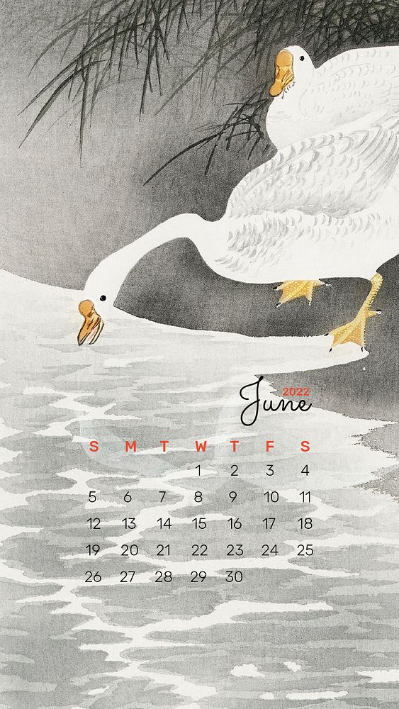 Goose 2022 June calendar template, editable iPhone wallpaper psd. Remix from vintage artwork by Ohara Koson