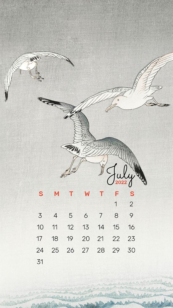 Japanese 2022 July calendar template, printable phone wallpaper psd. Remix from vintage artwork by Ohara Koson