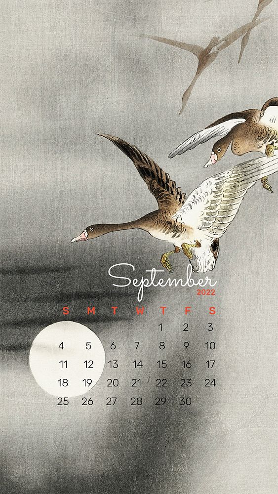 Birds 2022 September calendar template, mobile wallpaper psd. Remix from vintage artwork by Ohara Koson
