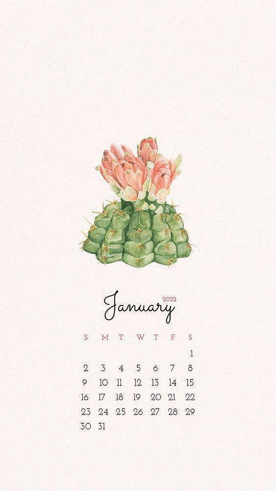 Flower January 2022 calendar template, phone wallpaper, monthly planner psd