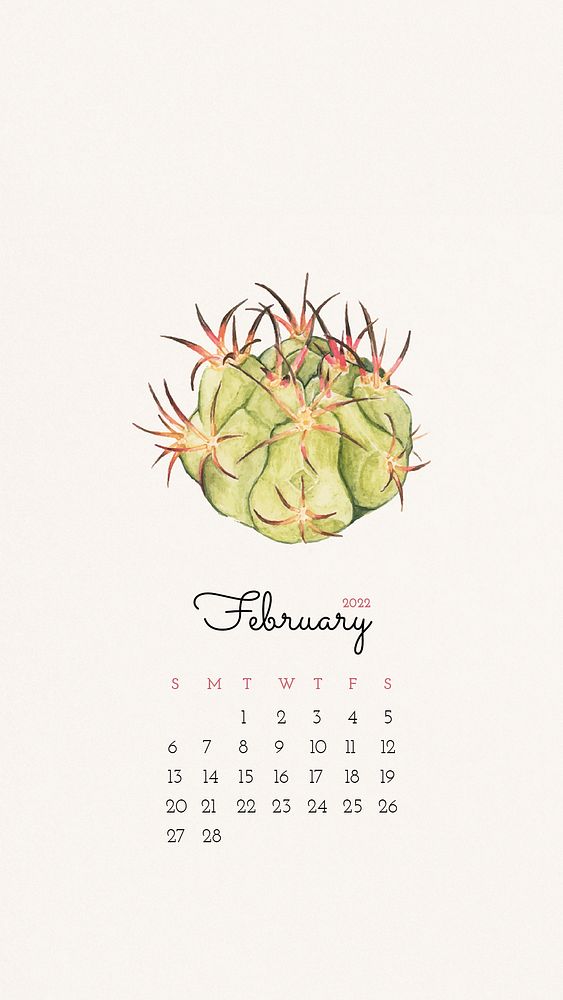 Cactus February 2022 calendar template, monthly planner, mobile wallpaper psd