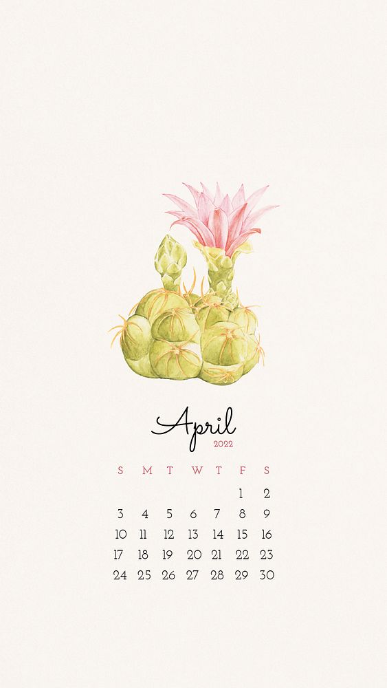 Cactus 2022 April calendar template, editable monthly planner phone wallpaper psd