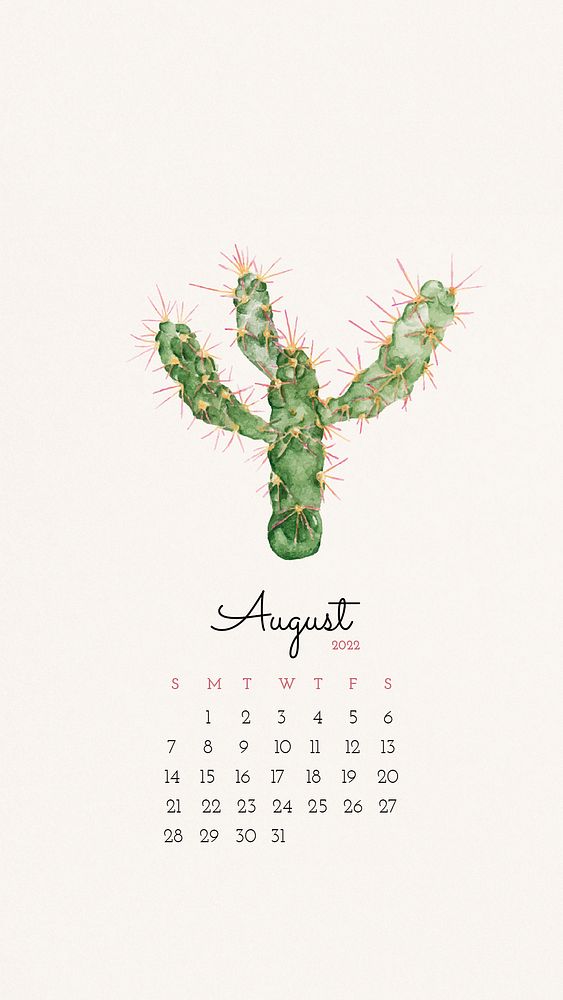 Cactus 2022 August calendar template, iPhone wallpaper psd