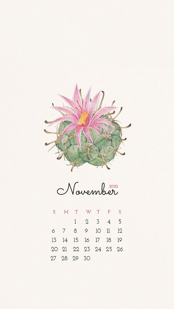 Cactus November 2022 calendar template psd, mobile wallpaper monthly planner