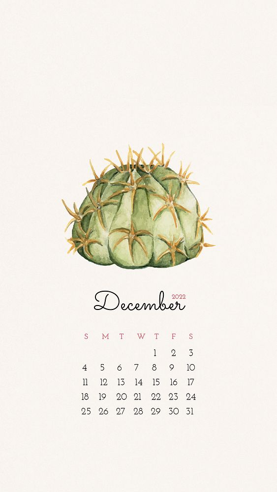 Cactus December 2022 calendar template psd, monthly planner, iPhone wallpaper