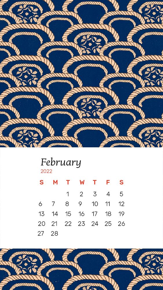 February 2022 calendar template, monthly planner, vintage pattern mobile wallpaper psd. Remix from vintage artwork by…