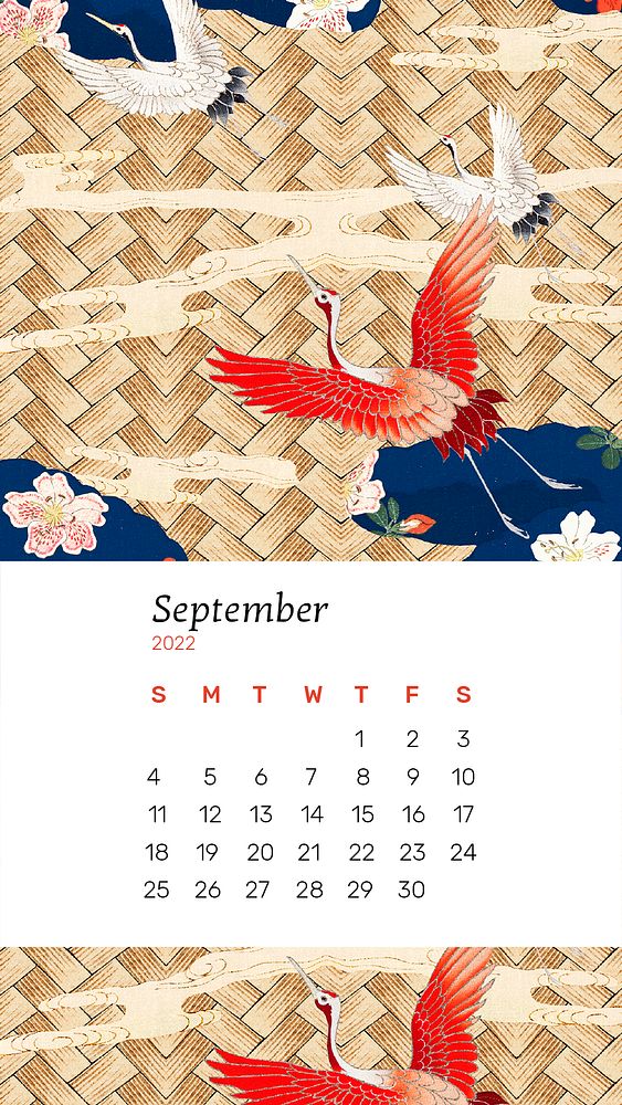 Birds 2022 September calendar template, mobile wallpaper psd. Remix from vintage artwork by Watanabe Seitei